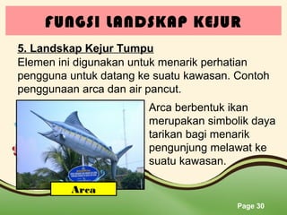 FUNGSI LANDSKAP KEJUR
5. Landskap Kejur Tumpu
Elemen ini digunakan untuk menarik perhatian
pengguna untuk datang ke suatu kawasan. Contoh
penggunaan arca dan air pancut.
Arca berbentuk ikan
merupakan simbolik daya
tarikan bagi menarik
pengunjung melawat ke
suatu kawasan.
Arca
Page 30

 