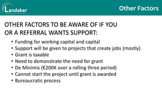 Other Factors
OTHER FACTORS TO BE AWARE OF IF YOU
OR A REFERRAL WANTS SUPPORT:
• Funding for working capital and capital
• Support will be given to projects that create jobs (mostly)
• Grant is taxable
• Need to demonstrate the need for grant
• De Minimis (€200K over a rolling three period)
• Cannot start the project until grant is awarded
• Bureaucratic process
 