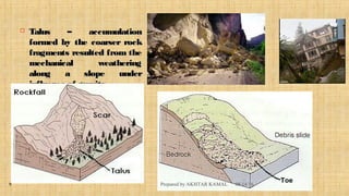  Talus – accumulationTalus – accumulation
formed by the coarser rockformed by the coarser rock
fragments resulted from thefragments resulted from the
mechanical weatheringmechanical weathering
along a slope underalong a slope under
influence of gravityinfluence of gravity
08/14/16Prepared by AKHTAR KAMAL9
 