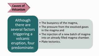• The buoyancy of the magma,
• The pressure from the exsolved gases
in the magma and
• The injection of a new batch of magma
into an already filled magma chamber.
• Plate tectonics.
Although
there are
several factors
triggering a
volcanic
eruption, four
predominate:
 