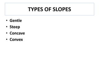 TYPES OF SLOPES
• Gentle
• Steep
• Concave
• Convex
 