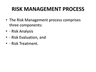 RISK MANAGEMENT PROCESS
• The Risk Management process comprises
three components:
• · Risk Analysis
• · Risk Evaluation, and
• · Risk Treatment.
 
