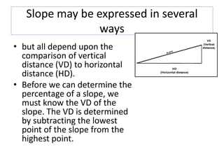 Slope may be expressed in several
ways
• but all depend upon the
comparison of vertical
distance (VD) to horizontal
distance (HD).
• Before we can determine the
percentage of a slope, we
must know the VD of the
slope. The VD is determined
by subtracting the lowest
point of the slope from the
highest point.
 