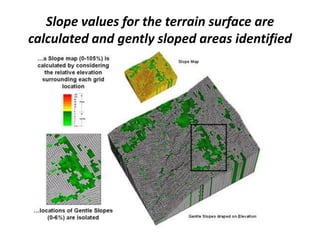 Slope values for the terrain surface are
calculated and gently sloped areas identified
 