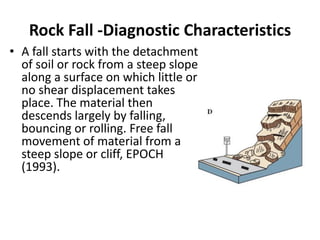 Rock Fall -Diagnostic Characteristics
• A fall starts with the detachment
of soil or rock from a steep slope
along a surface on which little or
no shear displacement takes
place. The material then
descends largely by falling,
bouncing or rolling. Free fall
movement of material from a
steep slope or cliff, EPOCH
(1993).
 