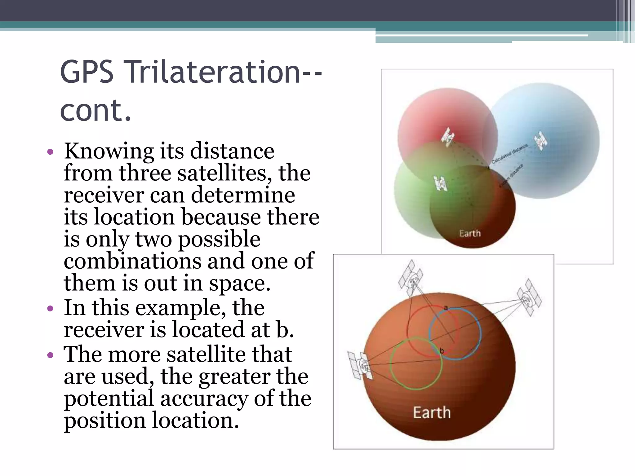 GPS Trilateration--
cont.
• Knowing its distance
from three satellites, the
receiver can determine
its location because there
is only two possible
combinations and one of
them is out in space.
• In this example, the
receiver is located at b.
• The more satellite that
are used, the greater the
potential accuracy of the
position location.
 