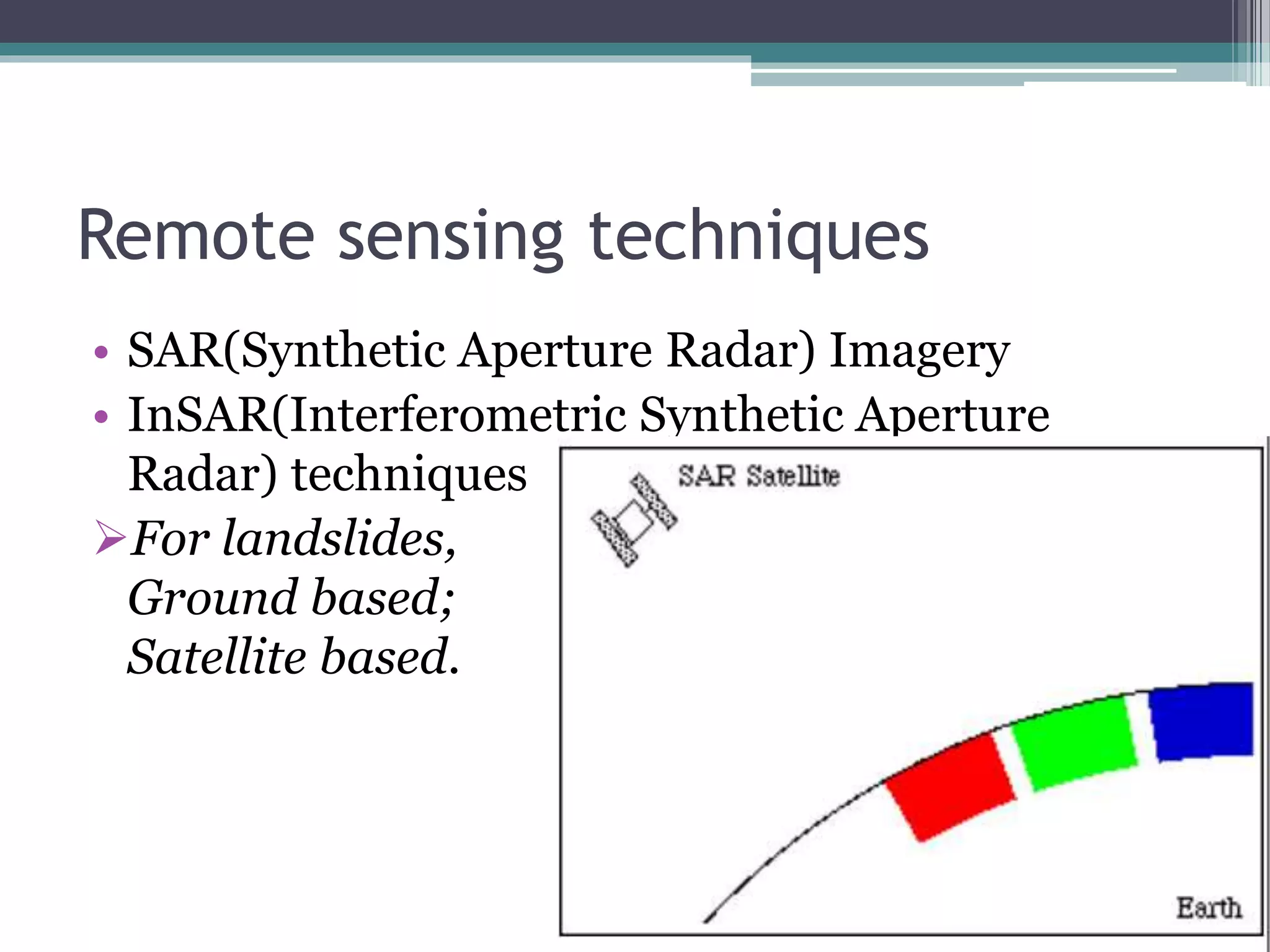 Remote sensing techniques
• SAR(Synthetic Aperture Radar) Imagery
• InSAR(Interferometric Synthetic Aperture
Radar) techniques
For landslides,
Ground based;
Satellite based.
 