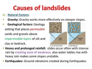 A) Natural Factors:
 Gravity: Gravity works more effectively on steeper slopes.
 Geological factors: Geology
setting that places permeable
sands and gravels above
impermeable layers of silt and
clay or bedrock.
 Heavy and prolonged rainfall: slides occur often with intense
rain by creating zone of weakness, also water tables rise with
heavy rain makes some slopes unstable.
 Earthquakes: Ground vibrations created during Earthquakes.
 