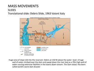 MASS MOVEMENTS
SLIDES
Translational slide: Debris Slide, 1963 Vaiont Italy
Huge area of slope slid into the reservoir. Debris at 150 M above the water level. A huge
wall of water climbed over the dam and swept down the river bed as a 70m high wall of
water causing extensive fatalities in the towns down stream. The Dam stood. Has been
called world’s worst dam disaster
 