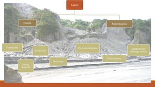 Causes
Natural
Earthquake
Heavy
Rainfall
Forest fire
Volcanoes
Anthropogenic
Over-development
Deforestation
Inappropriate
drainage system
 