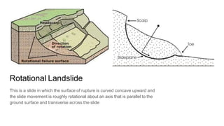 Rotational Landslide
This is a slide in which the surface of rupture is curved concave upward and
the slide movement is roughly rotational about an axis that is parallel to the
ground surface and transverse across the slide
 