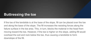 Buttressing the toe
If the toe of the landslide is at the base of the slope, fill can be placed over the toe
and along the base of the slope. The fill increases the resisting forces along the
failure surface in the toe area. This, in turn, blocks the material in the head from
moving toward the toe. However, if the toe is higher on the slope, adding fill would
overload the soil and rock below the toe, thus causing a landslide to form
downslope of the fill.
 