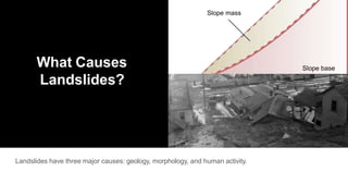What Causes
Landslides?
Landslides have three major causes: geology, morphology, and human activity.
 