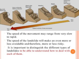  The speed of the movement may range from very slow
to rapid.
 The speed of the landslide will make an even more or
less avoidable and therefore, more or less risky.
 It is important to distinguish the different types of
landslides to be able to understand how to deal with
each of them.
4
 