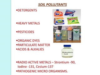SOIL POLLUTANTS
DETERGENTS
HEAVY METALS
PESTICIDES
ORGANIC DYES
PARTICULATE MATTER
ACIDS & ALKALIES
RADIO ACTIVE METALS – Strontium -90,
Iodine -131, Cesium-137
PATHOGENIC MICRO ORGANISMS.
 