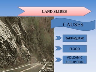 LAND SLIDES
EARTHQUAKE
FLOOD
CAUSES
VOLCANIC
ERRUPTION
 