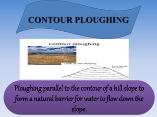 CONTOUR PLOUGHING
Ploughing parallel to the contour of a hill slope to
form a natural barrier for water to flow down the
slope.
 