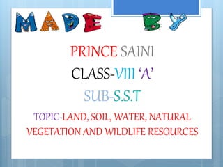 PRINCE SAINI
CLASS-VIII ‘A’
SUB-S.S.T
TOPIC-LAND, SOIL, WATER, NATURAL
VEGETATION AND WILDLIFE RESOURCES
 