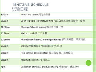 TENTATIVE SCHEDULE
试验日程
8:40am Arrival and set up 到达并准备
9:00am Open to public to donate, sorting 向公众开放捐赠回收物，分类
10:30am Dhamma Talk and sharing 佛法讲座和分享
11:20 am Walk to Lunch 步行去午餐
12:30pm Afternoon shift starts, morning shift ends 下午班开始，早班结束
2:00pm Walking meditation, relaxation 行禅, 放松
2:30pm Final sorting, donation stops 最后的分类，捐赠停止
3:30pm Keeping back items 守回物品
4pm Dedication of merits, gratitude sharing 功德回向, 感恩分享
 