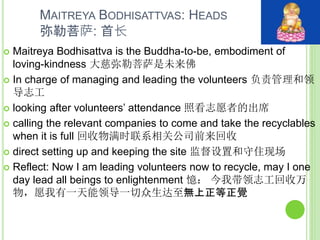 MAITREYA BODHISATTVAS: HEADS
弥勒菩萨: 首长
 Maitreya Bodhisattva is the Buddha-to-be, embodiment of
loving-kindness 大慈弥勒菩萨是未来佛
 In charge of managing and leading the volunteers 负责管理和领
导志工
 looking after volunteers’ attendance 照看志愿者的出席
 calling the relevant companies to come and take the recyclables
when it is full 回收物满时联系相关公司前来回收
 direct setting up and keeping the site 监督设置和守住现场
 Reflect: Now I am leading volunteers now to recycle, may I one
day lead all beings to enlightenment 憶： 今我带领志工回收万
物，愿我有一天能领导一切众生达至無上正等正覺
 