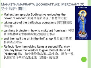 MAHASTHAMAPRAPTA BODHISATTVAS: MERCHANT 大
势至菩萨: 商组
 Mahasthamaprapta Bodhisattva embodies the
power of wisdom 大势至菩萨体现了智慧的力量
 taking care of the thrift shop operations 照管旧货店
的运作
 can help brainstorm how to make art from trash 可以
帮助集体研讨如何将垃圾改创成艺术品
 and then sell the art in the thrift shop 然后在旧货店
售卖该艺术品
 Reflect: Now I am giving items a second life, may I
one day have the wisdom to give eternal life to all
(Nibbana) 憶： 如今我给物品第二次生命，愿有一天
我拥有给予所有众生永生（涅槃）的智慧
 