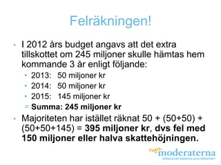 Felräkningen!
•   I 2012 års budget angavs att det extra
    tillskottet om 245 miljoner skulle hämtas hem
    kommande 3 år enligt följande:
    • 2013: 50 miljoner kr
    • 2014: 50 miljoner kr
    • 2015: 145 miljoner kr
    = Summa: 245 miljoner kr
•   Majoriteten har istället räknat 50 + (50+50) +
    (50+50+145) = 395 miljoner kr, dvs fel med
    150 miljoner eller halva skattehöjningen.
 