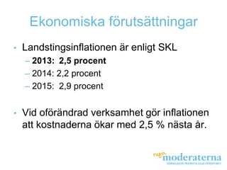 Ekonomiska förutsättningar
•   Landstingsinflationen är enligt SKL
    – 2013: 2,5 procent
    – 2014: 2,2 procent
    – 2015: 2,9 procent


•   Vid oförändrad verksamhet gör inflationen
    att kostnaderna ökar med 2,5 % nästa år.
 