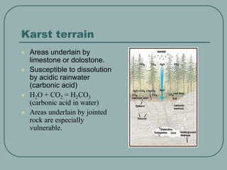 Karst terrain
 Areas underlain by
limestone or dolostone.
 Susceptible to dissolution
by acidic rainwater
(carbonic acid)
 H2O + CO2 = H2CO3
(carbonic acid in water)
 Areas underlain by jointed
rock are especially
vulnerable.
 