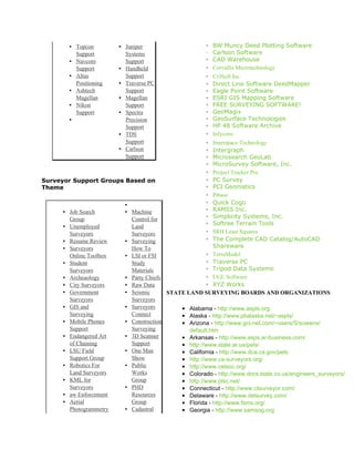 ▪ Topcon         ▪ Juniper                       ◦   BW Muncy Deed Plotting Software
          Support          Systems                       ◦   Carlson Software
        ▪ Navcom           Support                       ◦   CAD Warehouse
          Support        ▪ Handheld                      ◦   Corvallis Microtechnology
        ▪ Altus            Support                       ◦   CvlSoft Inc.
          Positioning    ▪ Traverse PC                   ◦   Direct Line Software DeedMapper
        ▪ Ashtech          Support                       ◦   Eagle Point Software
          Magellan       ▪ Magellan                      ◦   ESRI GIS Mapping Software
        ▪ Nikon            Support                       ◦   FREE SURVEYING SOFTWARE!
          Support        ▪ Spectra                       ◦   GeoMagix
        ▪                  Precision                     ◦   GeoSurface Technologies
                           Support                       ◦   HP 48 Software Archive
                         ▪ TDS                           ◦   Infycons
                           Support                       ◦
                                                         Innerspace Technology
                         ▪ Carlson                       ◦
                                                         Intergraph
                           Support                       ◦
                                                         Microsearch GeoLab
                                                         ◦
                                                         MicroSurvey Software, Inc.
                                                         ◦
                                                         Project Tracker Pro
Surveyor Support Groups Based on                         ◦
                                                         PC Survey
Theme                                                    ◦
                                                         PCI Geomatics
                                                         ◦
                                                         Ptbase
                           ▪                             ◦
                                                         Quick Cogo
      ▪ Job Search         ▪ Machine                     ◦
                                                         RAMSS Inc.
        Group                Control for                 ◦
                                                         Simplicity Systems, Inc.
                                                         ◦
                                                         Softree Terrain Tools
      ▪ Unemployed           Land
        Surveyors            Surveyors                   ◦
                                                         SRH Least Squares
      ▪ Resume Review      ▪ Surveying                   ◦
                                                         The Complete CAD Catalog/AutoCAD
      ▪ Surveyors            How To                      Shareware
        Online Toolbox     ▪ LSI or FSI                ◦ TerraModel
      ▪ Student              Study                     ◦ Traverse PC
        Surveyors            Materials                 ◦ Tripod Data Systems
      ▪ Archeaology        ▪ Party Chiefs              ◦ UGL Software
      ▪ City Surveyors     ▪ Raw Data                  ◦ XYZ Works
      ▪ Government         ▪ Seismic        STATE LAND SURVEYING BOARDS AND ORGANIZATIONS
        Surveyors            Surveyors
      ▪ GIS and            ▪ Surveyors          • Alabama - http://www.aspls.org
        Surveying            Connect            • Alaska - http://www.ptialaska.net/~aspls/
      ▪ Mobile Phones      ▪ Construction       • Arizona - http://www.gci-net.com/~users/S/sowens/
        Support              Surveying            default.htm
      ▪ Endangered Art     ▪ 3D Scanner         • Arkansas - http://www.asps.ar-business.com/
        of Chaining          Support            • http://www.state.ar.us/pels/
      ▪ LSU Field          ▪ One Man            • California - http://www.dca.ca.gov/pels
        Support Group        Show               • http://www.ca-surveyors.org/
      ▪ Robotics For       ▪ Public             • http://www.celsoc.org/
        Land Surveyors       Works              • Colorado - http://www.dora.state.co.us/engineers_surveyors/
      ▪ KML for              Group              • http://www.plsc.net/
        Surveyors          ▪ PHD                • Connecticut - http://www.ctsurveyor.com/
      ▪ aw Enforcement       Resources          • Delaware - http://www.delsurvey.com/
      ▪ Aerial               Group              • Florida - http://www.fsms.org/
        Photogrammetry     ▪ Cadastral          • Georgia - http://www.samsog.org
 