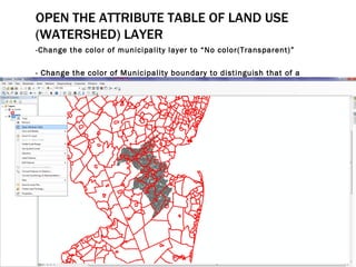 OPEN THE ATTRIBUTE TABLE OF LAND USE (WATERSHED) LAYER <ul><li>-Change the color of municipality layer to “No color(Transp...