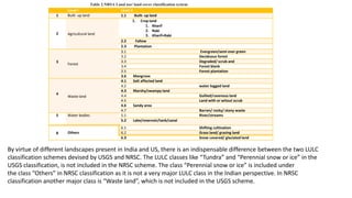 Level I Level II
1 Built- up land 1.1 Built- up land
2 Agricultural land
1. Crop land
1. Kharif
2. Rabi
3. Kharif+Rabi
2.2 Fallow
2.3 Plantation
3
Forest
3.1 Evergreen/semi ever green
3.2 Deciduous forest
3.3 Degraded/ scrub and
3.4 Forest blank
3.5 Forest plantation
3.6 Mangrove
4
Waste land
4.1 Salt affected land
4.2 water logged land
4.3 Marshy/swampy land
4.4 Gullied/ravenous land
4.5 Land with or witout scrub
4.6 Sandy area
4.7 Barren/ rocky/ stony waste
5 Water bodies 5.1 River/streams
5.2 Lake/reservoir/tank/canal
8 Others
6.1 Shifting cultivation
6.2 Grass land/ grazing land
6.3 Snow covered/ glaciated land
By virtue of different landscapes present in India and US, there is an indispensable difference between the two LULC
classification schemes devised by USGS and NRSC. The LULC classes like “Tundra” and “Perennial snow or ice” in the
USGS classification, is not included in the NRSC scheme. The class “Perennial snow or ice” is included under
the class “Others” in NRSC classification as it is not a very major LULC class in the Indian perspective. In NRSC
classification another major class is “Waste land”, which is not included in the USGS scheme.
Table 2.NRSA Land use/ land cover classification system
 