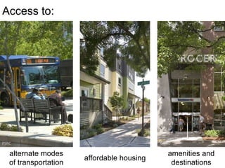 Access to: ,[object Object],GGLO,[object Object],GGLO,[object Object],PSRC,[object Object],alternate modes of transportation,[object Object],amenities and destinations,[object Object],affordable housing,[object Object]