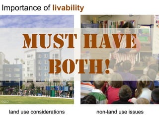 Importance of livability,[object Object],MUST HAVE BOTH!,[object Object],GGLO,[object Object],non-land use issues,[object Object],land use considerations,[object Object]