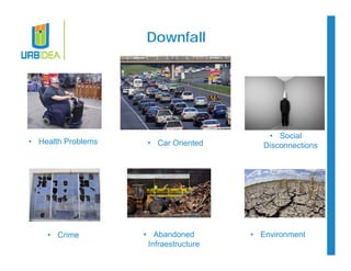 Downfall 
• Health Problems • Car Oriented 
• Social 
Disconnections 
• Abandoned • Environment 
Infraestructure 
• Crime 
 