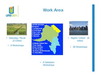 Work Area 
• Saturday / Rural 
(2 Cities) 
• Nights / Urban (9 
cities) 
• 8 Workshops 
• 36 Workshops 
• 8 Validation 
Workshops 
 