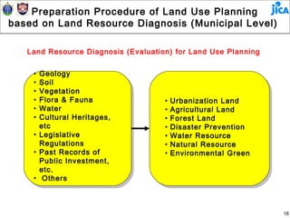 Preparation Procedure of Land Use Planning
based on Land Resource Diagnosis (Municipal Level)

   Land Resource Diagnosis (Evaluation) for Land Use Planning


    • Geology
    • Soil
    • Vegetation
    • Flora & Fauna                  •   Urbanization Land
    • Water                          •   Agricultural Land
    • Cultural Heritages,            •   Forest Land
      etc                            •   Disaster Prevention
    • Legislative                    •   Water Resource
      Regulations                    •   Natural Resource
    • Past Records of                •   Environmental Green
      Public Investment,
      etc.
    • Others



                                                                18
 