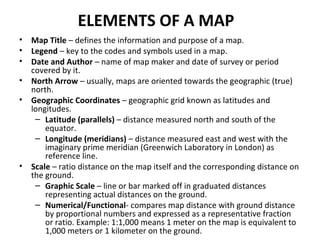 ELEMENTS OF A MAP
•   Map Title – defines the information and purpose of a map.
•   Legend – key to the codes and symbols used in a map.
•   Date and Author – name of map maker and date of survey or period
    covered by it.
•   North Arrow – usually, maps are oriented towards the geographic (true)
    north.
•   Geographic Coordinates – geographic grid known as latitudes and
    longitudes.
     – Latitude (parallels) – distance measured north and south of the
        equator.
     – Longitude (meridians) – distance measured east and west with the
        imaginary prime meridian (Greenwich Laboratory in London) as
        reference line.
•   Scale – ratio distance on the map itself and the corresponding distance on
    the ground.
     – Graphic Scale – line or bar marked off in graduated distances
        representing actual distances on the ground.
     – Numerical/Functional- compares map distance with ground distance
        by proportional numbers and expressed as a representative fraction
        or ratio. Example: 1:1,000 means 1 meter on the map is equivalent to
        1,000 meters or 1 kilometer on the ground.
 