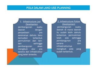1. Infrastructure Led
Developmen
pembangunan suatu
daerah dengan
penyediaan pra
sarananya dahulu baru
kemudian terbentuk
permukiman dan lain-
lain sehingga
pembangunan akan
mengikuti alur pra
sarana dan infrastruktur
yang telah tersedia.
2. Infrastructure Follow
Development
pembangunan suatu
daerah di mana daerah
itu sudah lebih dahulu
terbentuk, permukiman
telah ada sehingga
pembangunan pra
sarana dan
infrastrukturnya
mengikuti pola yang
sudah terbentuk.
POLA DALAM LAND USE PLANNINGPOLA DALAM LAND USE PLANNING
 