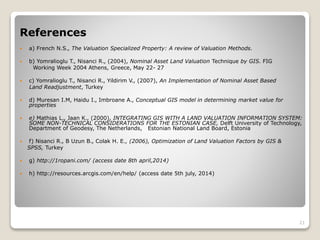 References
 a) French N.S., The Valuation Specialized Property: A review of Valuation Methods.
 b) Yomralioglu T., Nisanci R., (2004), Nominal Asset Land Valuation Technique by GIS. FIG
Working Week 2004 Athens, Greece, May 22- 27
 c) Yomralioglu T., Nisanci R., Yildirim V., (2007), An Implementation of Nominal Asset Based
Land Readjustment, Turkey
 d) Muresan I.M, Haidu I., Imbroane A., Conceptual GIS model in determining market value for
properties
 e) Mathias L., Jaan K., (2000), INTEGRATING GIS WITH A LAND VALUATION INFORMATION SYSTEM:
SOME NON-TECHNICAL CONSIDERATIONS FOR THE ESTONIAN CASE, Delft University of Technology,
Department of Geodesy, The Netherlands, Estonian National Land Board, Estonia
 f) Nisanci R., B Uzun B., Colak H. E., (2006), Optimization of Land Valuation Factors by GIS &
SPSS, Turkey
 g) http://1ropani.com/ (access date 8th april,2014)
 h) http://resources.arcgis.com/en/help/ (access date 5th july, 2014)
21
 