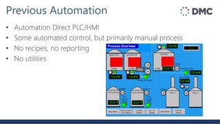 Previous Automation
• Automation Direct PLC/HMI
• Some automated control, but primarily manual process
• No recipes, no reporting
• No utilities
 