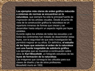 Los ejemplos más claros de orden gráfico reducido
a sistemas de normas se encuentran en la
naturaleza, que siempre ha sido la principal fuente de
inspiración de los artistas visuales. Desde el punto de
vista de la construcción gráfica la naturaleza es un
repertorio inmenso de formas que crecen y se
desarrollan hasta adquirir un aspecto regido por leyes
estables.
Durante siglos los artistas de todas las escuelas y en
todos los continentes han tratado de desentrañar estas
leyes, con la seguridad de que esta investigación les
permitirá mejorar en su oficio. En definitiva, el estudio
de las leyes que asientan el orden de la naturaleza
son una fuente inagotable de sabiduría gráfica.
Los ejemplos que se muestran a continuación sobre
obra de Karl Blossfeldt, un fotógrafo estudioso de las
leyes de formación de la naturaleza.
Las imágenes que conseguía las utilizaba para sus
clases de diseño y las de otros profesores.
Blossfeldt murio en 1932.
 