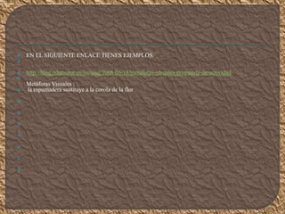  EN EL SIGUIENTE ENLACE TIENES EJEMPLOS.

 http://blog.educastur.es/luciaag/2008/05/18/metaforas-visuales-propuesta-de-actividad/

Metáforas Visuales :
 la espumadera sustituye a la corola de la flor







 