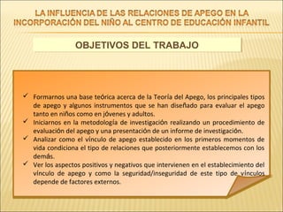 OBJETIVOS DEL TRABAJOOBJETIVOS DEL TRABAJO
 Formarnos una base teórica acerca de la Teoría del Apego, los principales tipos
de apego y algunos instrumentos que se han diseñado para evaluar el apego
tanto en niños como en jóvenes y adultos.
 Iniciarnos en la metodología de investigación realizando un procedimiento de
evaluación del apego y una presentación de un informe de investigación.
 Analizar como el vínculo de apego establecido en los primeros momentos de
vida condiciona el tipo de relaciones que posteriormente establecemos con los
demás.
 Ver los aspectos positivos y negativos que intervienen en el establecimiento del
vínculo de apego y como la seguridad/inseguridad de este tipo de vínculos
depende de factores externos.
 