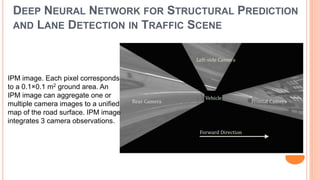 DEEP NEURAL NETWORK FOR STRUCTURAL PREDICTION
AND LANE DETECTION IN TRAFFIC SCENE
IPM image. Each pixel corresponds
to a 0.1×0.1 m2 ground area. An
IPM image can aggregate one or
multiple camera images to a unified
map of the road surface. IPM image
integrates 3 camera observations.
 