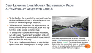 DEEP LEARNING LANE MARKER SEGMENTATION FROM
AUTOMATICALLY GENERATED LABELS
 To tightly align the graph to the road, add matches
of detected lane markers to all map lane markers
based on a matching range threshold;
 3D lane marker detections for alignment can be
computed with simple techniques, such as a top-
hat filter and a stereo camera setup;
 To extract line segments from these detections,
run a Douglas-Peucker polygonization and add
the resulting 3D line segments to the correspond.
pose vertices for matching.
 To achieve pixel-accurate labels, a reprojection
optimization with line segments in image space;
After graph alignment of the projected map lane
markers (blue) and the detected lane markers from a
simple detector (green). The perpendicular average
distance btw line segments is used as a matching
criterion for an optimization that solves for the pixel-
accurate corrected 6-DOF camera pose.
 