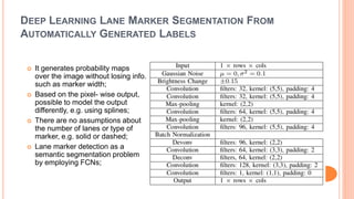 DEEP LEARNING LANE MARKER SEGMENTATION FROM
AUTOMATICALLY GENERATED LABELS
 It generates probability maps
over the image without losing info.
such as marker width;
 Based on the pixel- wise output,
possible to model the output
differently, e.g. using splines;
 There are no assumptions about
the number of lanes or type of
marker, e.g. solid or dashed;
 Lane marker detection as a
semantic segmentation problem
by employing FCNs;
 