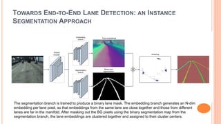 TOWARDS END-TO-END LANE DETECTION: AN INSTANCE
SEGMENTATION APPROACH
The segmentation branch is trained to produce a binary lane mask. The embedding branch generates an N-dim
embedding per lane pixel, so that embeddings from the same lane are close together and those from different
lanes are far in the manifold. After masking out the BG pixels using the binary segmentation map from the
segmentation branch, the lane embeddings are clustered together and assigned to their cluster centers.
 