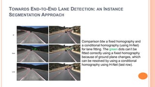 TOWARDS END-TO-END LANE DETECTION: AN INSTANCE
SEGMENTATION APPROACH
Comparison btw a fixed homography and
a conditional homography (using H-Net)
for lane fitting. The green dots can’t be
fitted correctly using a fixed homography
because of ground plane changes, which
can be resolved by using a conditional
homography using H-Net (last row).
 