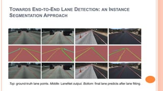 TOWARDS END-TO-END LANE DETECTION: AN INSTANCE
SEGMENTATION APPROACH
Top: ground-truth lane points. Middle: LaneNet output. Bottom: final lane predicts after lane fitting.
 