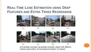 REAL-TIME LANE ESTIMATION USING DEEP
FEATURES AND EXTRA TREES REGRESSION
(e-f) partially occluded, (g) partially occluded, absent with different
colored road surface, (h) occluded and absent, (i-l) absent.
 